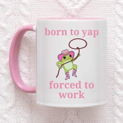 天生爱唠叨，被迫工作——趣味青蛙牛仔咖啡杯 - 粉白双色陶瓷杯，可爱牛仔青蛙图案，讽刺语录马克杯，11盎司新奇礼物，适合上班族/幽默爱好者，可放入洗碗机/微波炉，家用/办公桌茶具