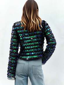 Women Y2K Stylish Vintage Disco Sequined Long Flared Sleeve Tops Sheer Mesh Bell Sleeve Shirt Blouse Glitter Sparkly Mesh Crop Top Party Club Streewear - Màu xanh lá cây đậm - Xem 3