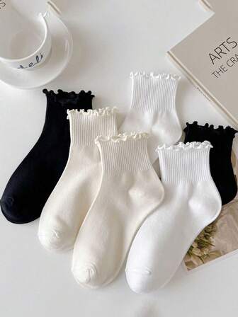 1/5/6 Pairs Of Random Black Ear-Trimmed Pleated Lace Women's Solid Color Casual Socks, Soft And Comfortable Socks, Suitable For Daily, Outdoor And Sports Wear In All Seasons, Random Colors