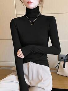 Áo lót cổ lọ màu đen mới năm 2025 dành cho nữ, kiểu dáng ôm sát, tay dài, mỏng nhẹ, thích hợp cho mùa xuân, hè và thu. - màu đen - Xem 2