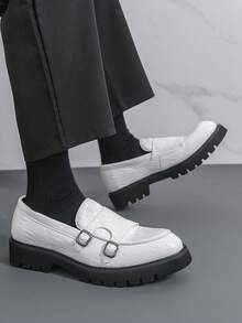 Men's Thick Sole Derby Shoes With Buckle Design, Loafers, Retro Monk Shoes, Formal Dress Shoes, Wedding Shoes, Casual Sneakers - White - View 10