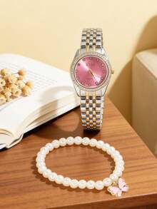 6pcs/Set Elegant Precise Rhinestone Quartz Watch Set, Suitable For Commute, Daily Wear, Dates, Parties, Eye-Catching As Birthday, Halloween Promotion Gifts - Silver - View 2