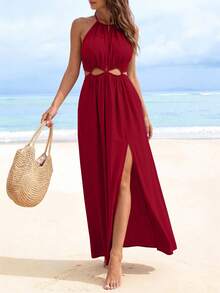 Women Summer Sleeveless Halter Dress Hollow Out Cutout Slit Flowy Long Dress Bohemian Party Cocktail Beach Holiday Vacation Boho Valentine Maxi Dress Sundress Outfits - 紅色 - 查看 1