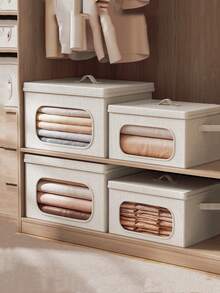 Foldable Clothes & Bedding Storage Box With Lid, Pants Organizer Box, Home & Dorm Closet Storage - Rice - View 2