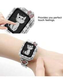 Sanrio 1pc Cartoon Pattern Silver Rhinestone Decorated Fashionable Charm Watch Case, Cute Cat Ear Anti-Fall 2-In-1 Ultra-Thin Tempered Glass Screen Protector, Suitable For Apple Watch 40/41/42/44/45/46mm Case SE/11/10/9/8/7/6/5/4 Series, Smart Watch Case Accessory