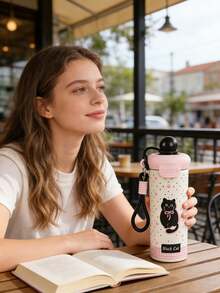 Girls' School Sports Water Bottle - Stainless Steel Double Wall Vacuum Insulated, Leak-Proof Straw Lid, Cute Cartoon Pattern - Multicolor - View 2