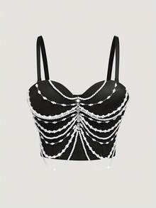Débardeur à bretelles fines, Top élégant et noble à broderie lourde sans bretelles, sexy et court, bustier sexy pour les sorties des femmes en vacances, décontracté, noir, été - Noir - Voir 5
