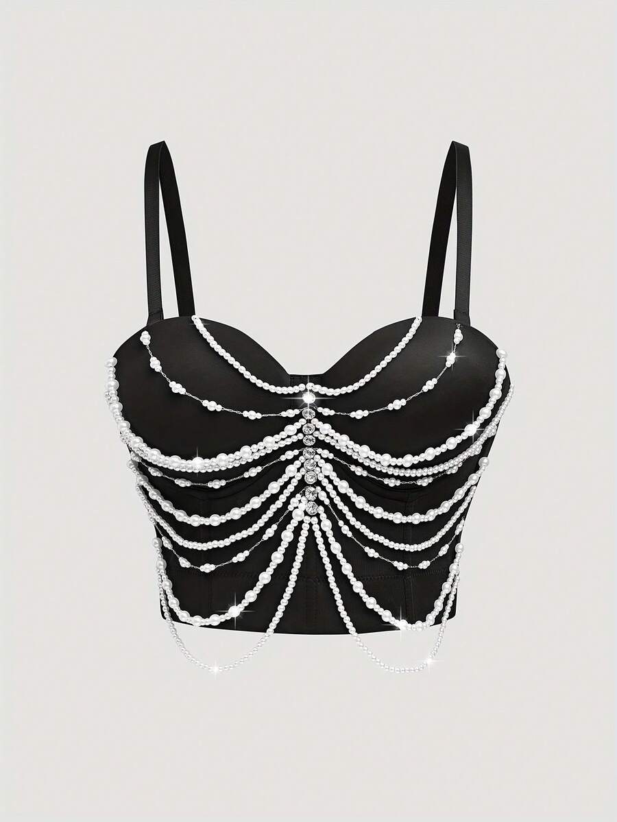 Áo hai dây mảnh, kiểu Pháp thanh lịch, quý phái, thêu họa tiết cầu kỳ, áo lót crop top gợi cảm không dây, áo corset gợi cảm cho nữ đi club, đi nghỉ mát, màu đen, thích hợp cho mùa hè. - màu đen - Xem 1