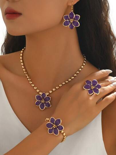 5pcs/Set Bohemian Colorful Enamel Multi-Layer Flower Jewelry Set For Women, Including Gold-Tone Earrings + Bracelet + Necklace Pendant + Ring, Elegant Accessory For Casual, Beach, Date, Wedding, Bridesmaid, Gift