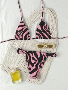 Bộ bikini nữ mùa Xuân/Hè mới, họa tiết da báo hồng và đen, kiểu dáng thanh lịch, gợi cảm, hở lưng, buộc dây, thích hợp cho tiệc tùng, hẹn hò, câu lạc bộ, biểu diễn sân khấu. - Nhiều màu - Xem 2