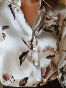 Áo sơ mi satin twill dài tay cỡ lớn, cổ bẻ thanh lịch, phù hợp mặc công sở và đi chơi, mùa xuân/thu - Màu be - Xem 3