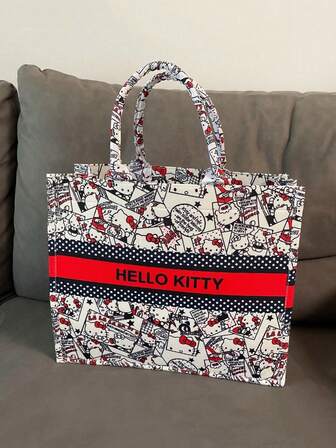  1pc Sanrio Hello Kitty Collaboration Cartoon Tote Bag, Retro Contrast Color Shoulder Bag, Large Capacity Handbag, Ideal Gift For Campus, Hanging Out With Friends, Daily Shopping, Back To School Season