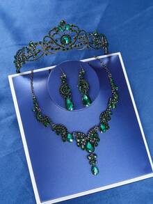 四件套皇冠头饰套装，复古优雅水晶水钻女王皇冠项链耳环，新娘婚礼发饰，女士派对活动节日珠宝皇冠