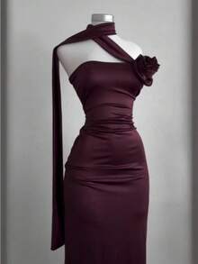 Women's Clothing Summer New Temperament Light And Familiar Backless Streamer Neck Dress - Burgundy - View 1
