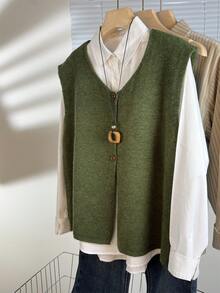 Chaleco sin mangas de punto verde oliva con cuello en V de Wixra, informal y de una sola hilera para usar en capas - Verde Oliva - Ver 2