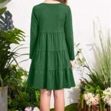 Aodiya Girls' Long Sleeve Layered Flowy Sundress, Green Mid-Length Casual Swing Dress - Green - View 2