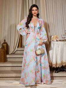 一件印花雪纺拉链系带深V领长款连衣裙，优雅女士长袖A字连衣裙，适合假日、生日派对、约会、旅行、婚礼、四季皆宜、情人节等场合。 - 彩色 - 查看 1