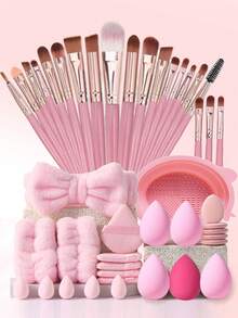 1/44-Piece Hairband And Makeup Brush Set. Makeup Tool Set: Includes 20 Makeup Brushes – Foundation Brush, Powder Brush, Eyebrow Brush, Blush Brush, Highlighter Brush, Eyeshadow Brush, Eyelash Brush, Eyeliner Brush, Contour Brush, Detail Brush, Nose Contour Brush, Face Brush + 5 Makeup Sponges + 5 Powder Puffs,Giveaways,Travel,Cheap Stuff,Travel Essential - Multicolor - View 2