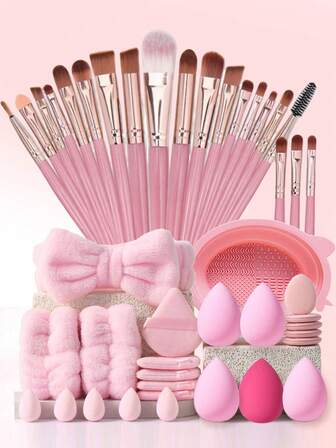 1/44-Piece Hairband And Makeup Brush Set. Makeup Tool Set: Includes 20 Makeup Brushes – Foundation Brush, Powder Brush, Eyebrow Brush, Blush Brush, Highlighter Brush, Eyeshadow Brush, Eyelash Brush, Eyeliner Brush, Contour Brush, Detail Brush, Nose Contour Brush, Face Brush + 5 Makeup Sponges + 5 Powder Puffs