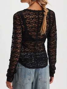 Women's Lace Sheer Cardigan Button Down Long Sleeve V-Neck Lightweight Jacket For Spring Fall, Perfect For Casual Wear, Work, Or Outings - 黑色 - 查看 2