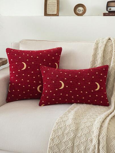 1pc/2pcs Red Chenille Jacquard Star & Moon Decorative Throw Pillow Case, Bohemian Style Cushion Cover Suitable For Ramadan, Living Room, Bedroom, All Seasons