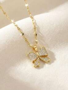1件精致时尚闪亮全水钻蝴蝶结吊坠不锈钢项链，适合女孩佩戴，精致优雅，是圣诞节、新年、开学季的理想礼物，日常百搭饰品。 - 金色 - 查看 6