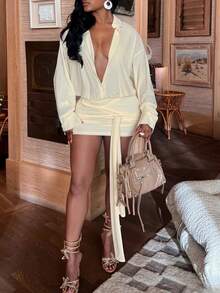 夏季女装长袖上衣外出开衫系带连衣裙性感短裙 - 杏色 - 查看 10