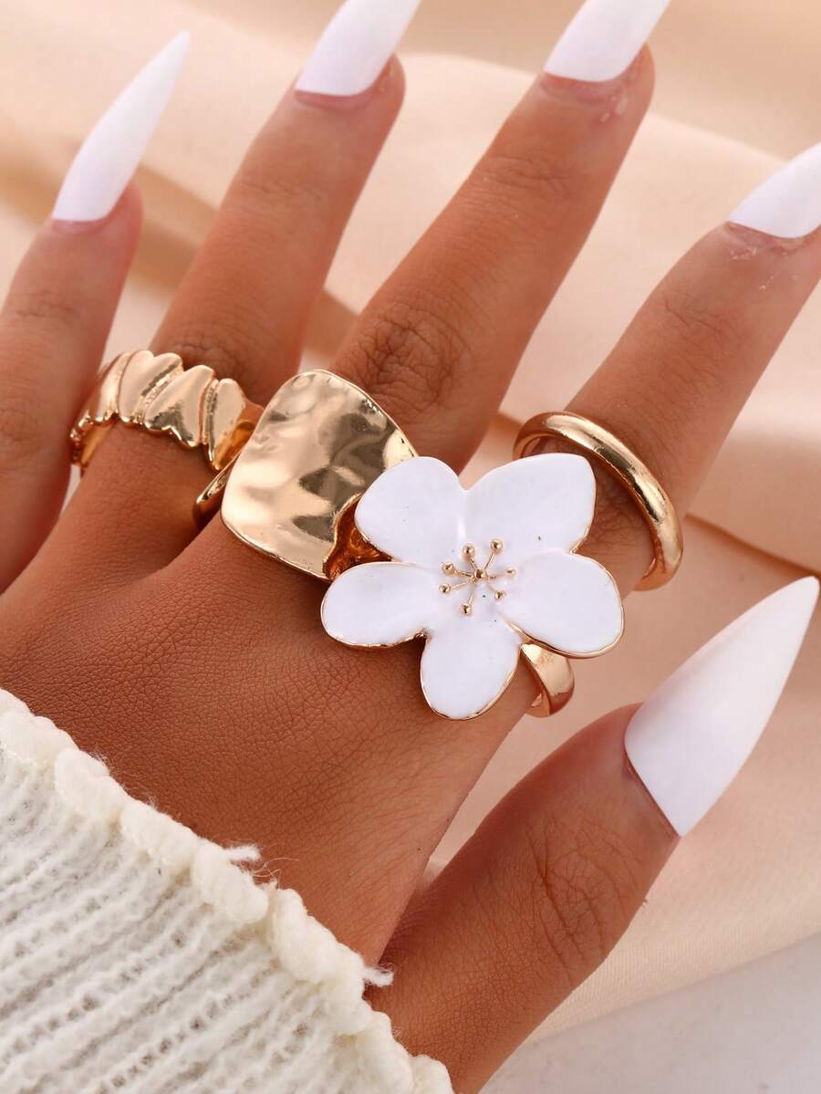 Set de 4 anillos de flor con diseño único exagerado de goteo de aceite y rhinestones, anillo abierto de lujo con flor de lava líquida versátil para mujeres - Blanco - Ver 1