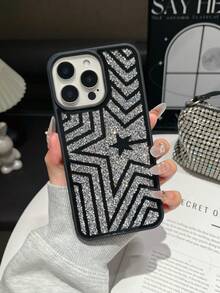 1 Peça Capa de Telefone Pintada com Spray à Prova de Choque com Estrelas Pretas e Prateadas Compatível com iPhone 17 Pro Max - Preto e prata - Visão 5