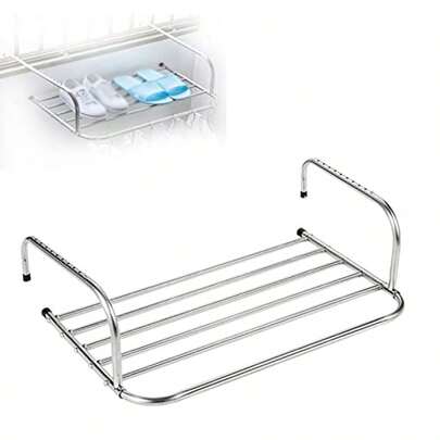 1 pieza Tendedero de ropa de acero inoxidable para balcón, rejilla de antirrobo para ventana, tendedero y estante para zapatos retráctil y plegable para exteriores con mango extensible