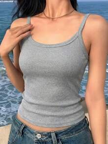 女士休闲纯色修身吊带背心 - 灰色 - 查看 5