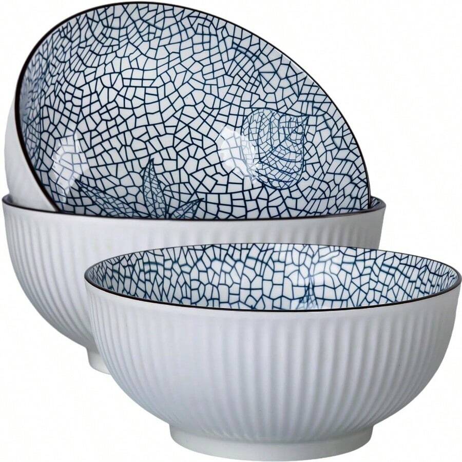 Cuencos grandes de 6 onzas cuencos grandes de 20 cm cuencos de cerámica japonesa azul y blanco juego de 3 cuencos de ramen japoneses con patrón de hojas - patrón de hoja - Ver 1