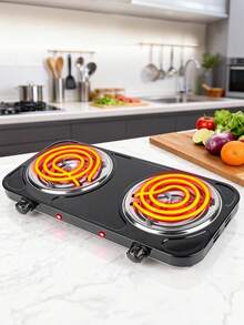 Placa calefactora eléctrica de doble horno de 2000 W, control de temperatura, fácil de limpiar, adecuada para cocinar, cocina portátil. - Negro - Ver 1