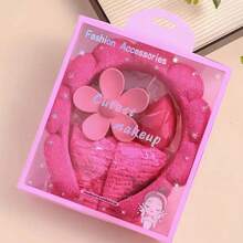 5件套柔和粉蓝色花朵发饰及腕饰套装 - 无缝发夹、发带、腕带 - 易于清洁、可水洗、亲肤，浅米色，适合生日派对、日常佩戴，理想的礼盒包装