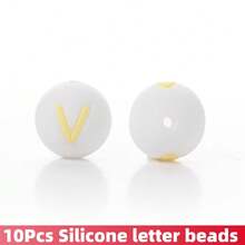 10/26颗白色底黄色字母圆形硅胶字母珠 - DIY个性化珠宝制作套装，工艺用品，适用于制作姓名手链、钥匙扣、吊坠、证件挂绳和珍珠笔