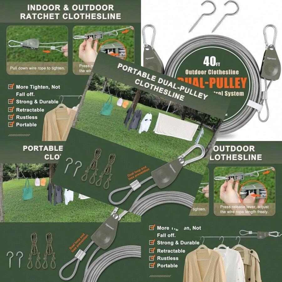 Vigorport - Tendedero retráctil para exteriores línea de ropa de viaje portátil sistema de poleas de cuerda resistente con mosquetón de metal y cuerdas de alambre de revestimiento de nailon para - Verde - Ver 1