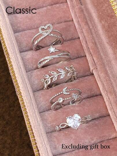 5pcs Luxury Elegant Starry Moon Heart Leaf Inlaid Cubic Zirconia Unique Elegant Adjustable Copper Rings Set For Women, Suitable For Engagement, Party, Date (No Gift Box)
