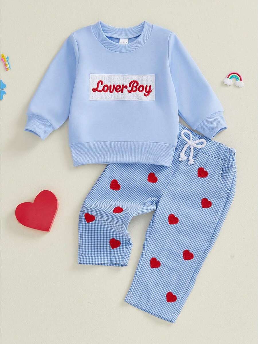 Toddler Baby Boy Clothes Outfit Valentines Day Sweatshirt Lover Boy Shirt+Waffle Knit Pant Set Clothing Fall Winter - 藍色 - 查看 1