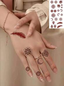 4 Sheets Henna Temporary Tattoos Mehndi Stickers Waterproof Hand Tattoo With Ramadan Decorations For Women Valentine Day Wedding Festival Bride Party - Brown - View 3