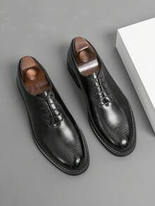 Men's Brogue Carved Breathable Formal Dress Shoes, Lace-Up Wedding & Office Shoes - Black - View 2