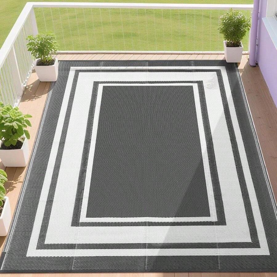 Outdoor Rugs 8x10 Waterproof Patios Plastic Straw Mats For Backyard, Porch, Deck, Balcony, Reversible, White - Tấm màu xám & trắng + 8' x 10' (Hình chữ nhật) - Xem 1