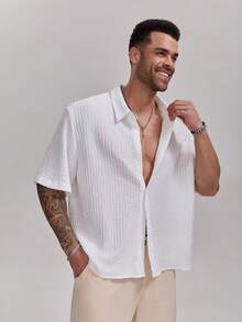 1pc Men's White Textured Plaid Collar Single-Breasted Short Sleeve Shirt, Stylish & Versatile Men's Polo Shirt For Casual, Work, Holiday Parties, Elegant Gift For Father, Boyfriend, Dad, Friend - White - View 4