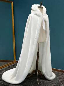 1pc Extra Long & Thick White Warm Soft Faux Rabbit Fur Bridal Shawl Wrap, Hooded Faux Fur Cloak Cape For Outdoor, Photography Studio - 彩色 - 查看 2