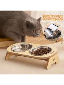 1pc Cat Tilted Feeding/Water Bowl With Wooden Stand, Protects Neck, Detachable Stainless Steel Pet Bowl (For Cats) - View 12
