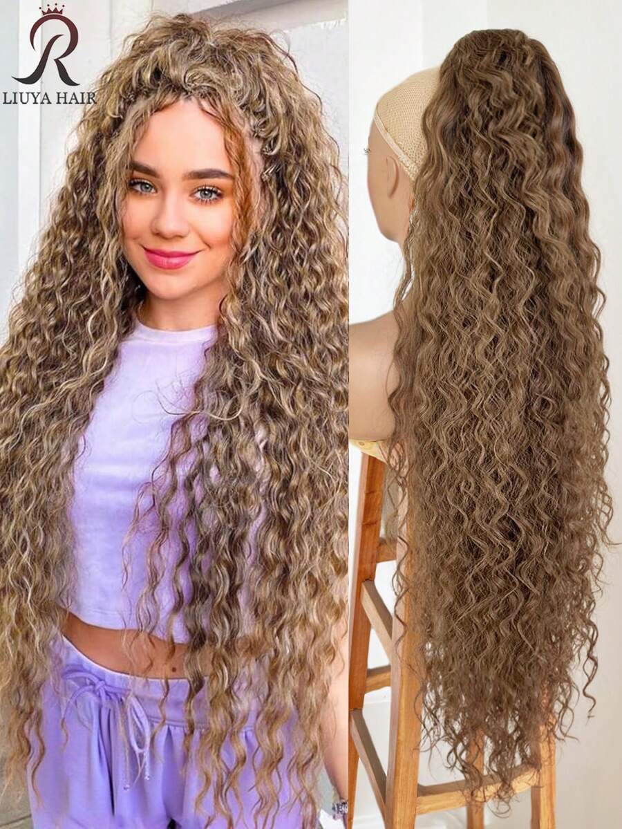 36 Inch Long Black Ponytail Wig, Lightweight Fluffy Natural Curly Drawstring Ponytail, Multi-Layer Soft Clip-In Hair Extensions, Synthetic Wig For Women