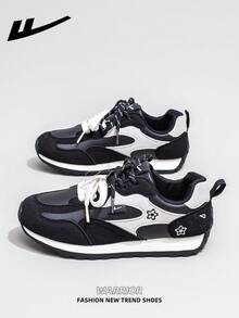 1双 WARRIOR 女士厚底系带软底休闲鞋，低帮户外平底鞋，圆头低跟防滑纯色优雅软底徒步鞋，适合学生，春夏款 - 黑/白 - 查看 3