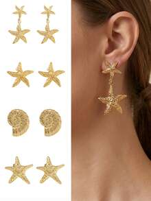 VceTd 4 Pairs Stainless Steel Ocean Element Starfish Shaped Stud Earrings, Starfish & Shell Earrings, Suitable For Women's Daily Wear Or Vacation, Great Gift For Best Friends On Holidays - Yellow Gold - View 1
