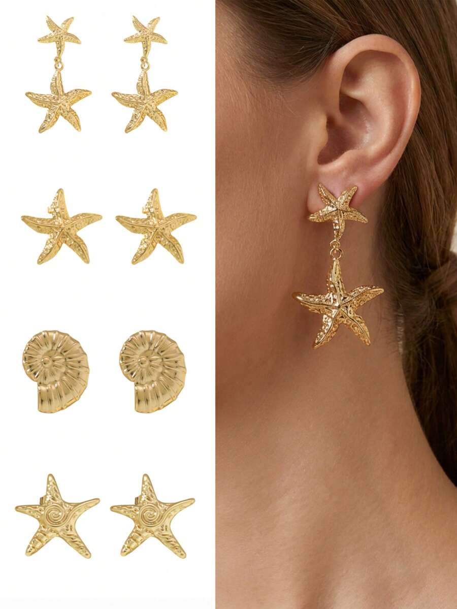 VceTd 4 Pairs Stainless Steel Ocean Element Starfish Shaped Stud Earrings, Starfish & Shell Earrings, Suitable For Women's Daily Wear Or Vacation, Great Gift For Best Friends On Holidays - Yellow Gold - View 1
