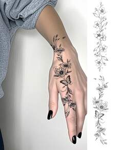 2pcs Women's Body Art Temporary Tattoo Stickers, Fashionable Black Sunflower, Flower, Butterfly Patterns. Waterproof Fake Tattoos, Lasts 2-5 Days, Can Be Applied To Hands, Arms, Neck, Shoulders, Chest, Waist, Legs. Perfect For Festivals, Parties, Gifts - Black - View 1
