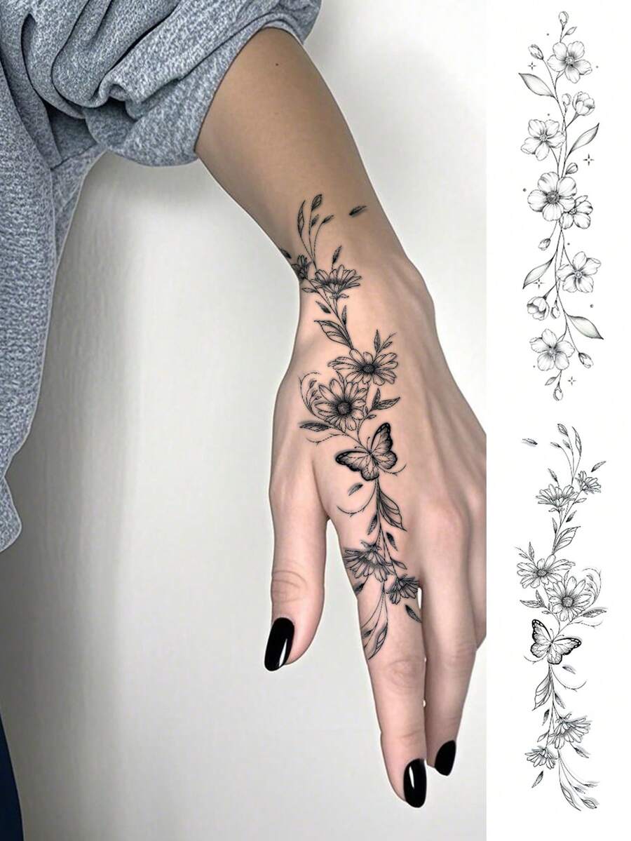 2pcs Women's Body Art Temporary Tattoo Stickers, Fashionable Black Sunflower, Flower, Butterfly Patterns. Waterproof Fake Tattoos, Lasts 2-5 Days, Can Be Applied To Hands, Arms, Neck, Shoulders, Chest, Waist, Legs. Perfect For Festivals, Parties, Gifts - Black - View 1
